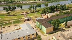 Aerial 4K video from drone to Daugavpils fortress and Daugavpils Mark Rothko Art Centre on a beautiful sunny summer day. Daugavpils, Latvia, Latgale, Europe