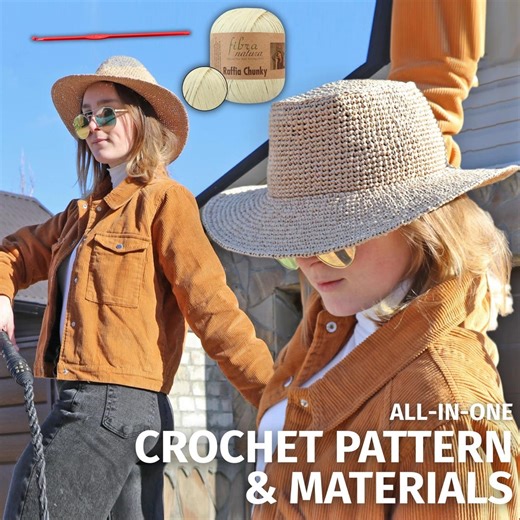 Cowboy Hat Crochet Kit, Pattern   Raffia Yarn, Easy Crochet Summer Had, Craft Kit DIY - Etsy