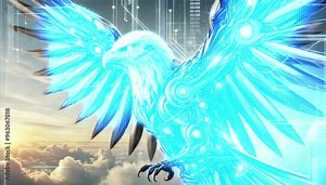 cybernetic eagle : parts of its body replaced by sleek, glowing cybernetic components, blending the organic and technological