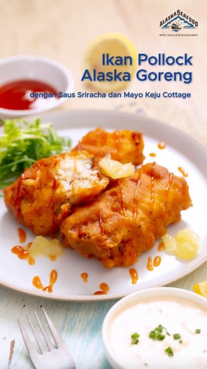 Ikan Pollock Alaska Goreng dengan Saus Sriracha dan Mayo Keju Cottage 🍋🐟 Ditangkap dari alam liar di Alaska dari perairan murni, Pollock Alaska mempunyai tekstur yang lembut sempurna dan berlapis—menjadikannya pilihan ideal untuk resep yang renyah dan penuh rasa ini. Bisa untuk cemilan atau makanan utama, resep ini pasti sangat lezat! #AlaskaSeafood #AlaskaPollock #WildCaught | Alaska Seafood Indonesia