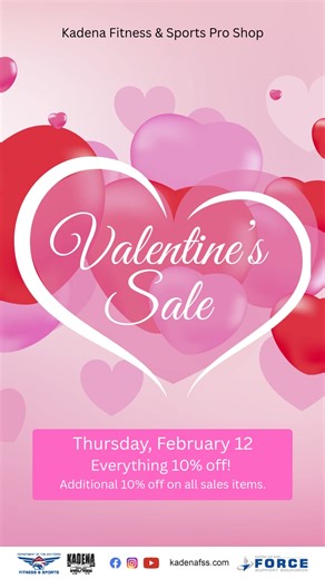 💕The Valentine’s Sale at Kadena Fitness & Sports Pro Shop is almost here! 📆 Thursday, February 12 ✨ 10% OFF everything 🔥 EXTRA 10% OFF all sale items Stock up on your favorite gear while the deals last! | Kadena Force Support Squadron