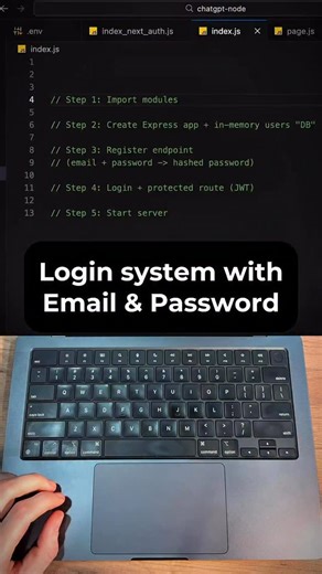 Evgeny Aleksandrov • AI-Agents • Solo-developer on Instagram: "Comment «Login» to get code! In this reel, I build a Login system with email & password using Node.js. You’ll see how to register users, hash passwords securely, generate JWT tokens, and protect API routes — all in a clean, simple setup. Perfect if you want to understand real backend authentication without unnecessary complexity 🚀"