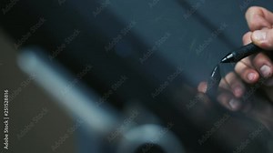 Designer working with Architecture blueprint drawing on digital interactive screen tablet computer Stock Video