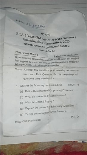 INTRODUCTION TO OPERATING SYSTEM BCA 3rd SEM 2025 (BCA-201)