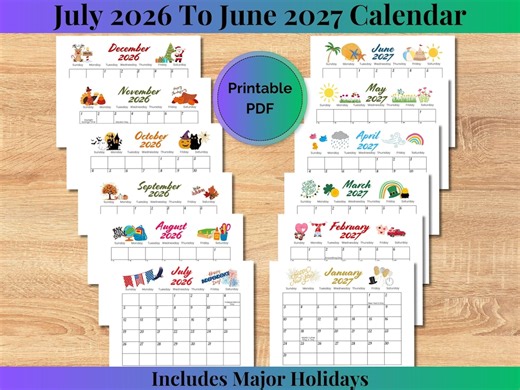 2026-2027 July to June Calendar, PRINTABLE 12 Month Desk Calendar, Monthly Planner, Kids Calendar, Homeschool, Classroom Wall Calendar - Etsy Australia
