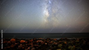 Motion controlled dolly astrophotography time lapse with tilt up motion of Milky Way galaxy over Pacific Ocean in Malibu, California