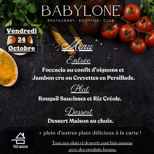 Réservation au 04.71.06.05.10 à partir de 10h00. Menu : 19.00€ Formule (Entrée/plat ou Plat/dessert): 16.50€ Pleins d'autres plats délicieux à la carte !🥰 Ticket Restaurant accepté ✅ | Le Babylone Rooftop Restaurant-Club&Culture
