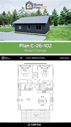 25×32 Modern Small Cottage House Plan with Loft | 2 Bed, 2 Bath (800 Sq Ft) #blueprint #tinyhouse