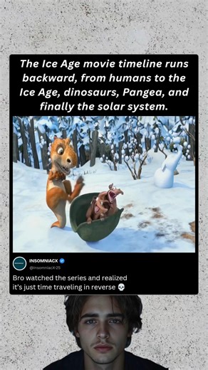 The Ice Age movie timeline runs backward, from humans to the Ice Age, dinosaurs, Pangea, and finally