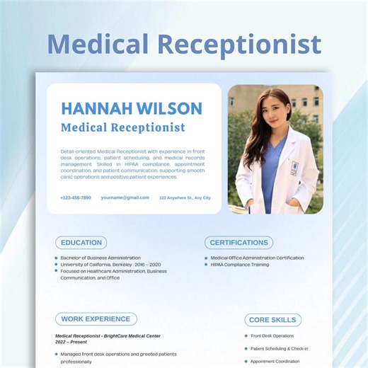 Medical Receptionist Resume Template | ATS Friendly - Etsy