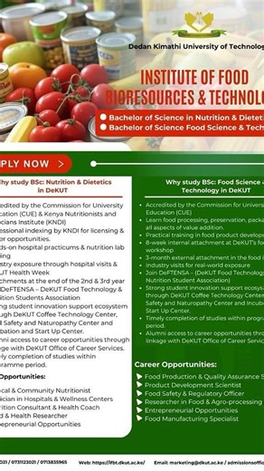 Ready to Shape the Future of Food Science, Technology, and Nutrition? Step into the exciting world of food innovation at Dedan Kimathi University of Technology’s Institute of Food Bio-resources Technology (IFBT). Whether your passion lies in food technology or nutrition and dietetics, DeKUT offers a unique platform to transform your ideas into impactful solutions. Benefit from hands-on learning in fully equipped laboratories and join cutting-edge research projects; including groundbreaking work 