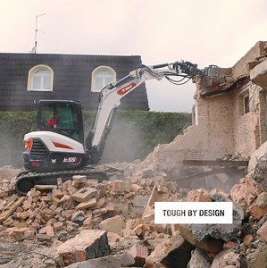 9.9K views · 281 reactions | Two Bobcats at their destructive best.  Watch the fearsome R2-Series E55z Compact Excavator and R-Series Bobcat T76 Compact Track Loader in action. Tough by design, the Hydraulic Breaker and Industrial Grapple attachments made light work of demolishing a house in just a day! Find your nearest dealer: https://bobcat.click/FindYourDealer | Bobcat EMEA | Facebook