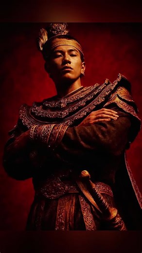 Depict me wearing the costume of Emperor Bayintnung from Burma history, incorporating the clothing design seen in Mobile Legends. Create his signature pose, characterized by stark cinematic lighting and intense contrast. Captured with a slightly low, upward-facing angle that dramatizes the subject's jawline and neck, the composition evokes quiet dominance and sculptural elegance. The background is a deep, saturated crimson red, creating a bold visual clash with the model's luminous skin and dark