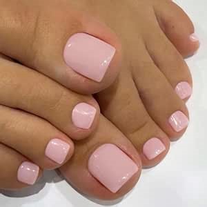 Solid Color Pink Press on Toenails for Women, Glossy Fake Toenail Press ons Short Square Acrylic Press on Toe Nails, Reusable Baby Pink Toenails Glue on Natural Seamless Fit, 24Pcs Glue Toenails