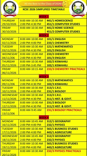 📅 KCSE 2026 Simplified Timetable 🔥 | Don't Miss Your Exam Dates! #Shorts