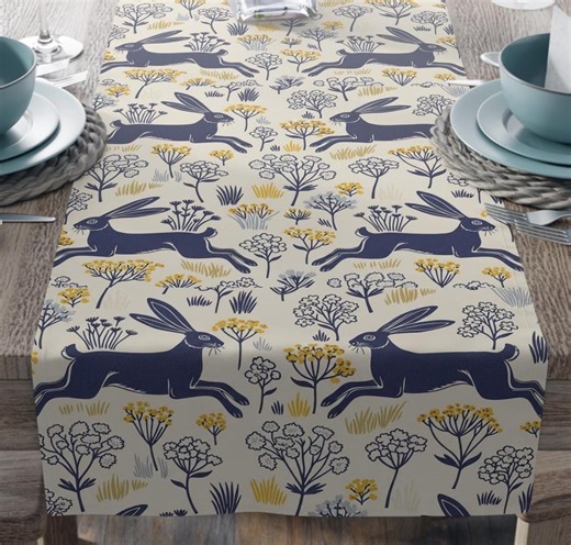 Easter Table Decor, Cotton Twill, Vintage Rabbit Runner, Poly Decor Linens Scandinavian Spring Botanical Hare Print, Bunnies Floral Pattern - Etsy