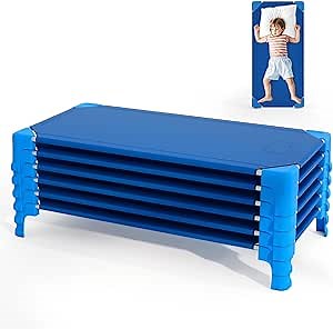 Giantex Stackable Daycare Cots for Sleeping, 53" L x 24" W Portable Nap Cots for Kids and Toddlers w/Easy Lift Corners, Space-Saving Toddler Bed for Preschool Classroom Pet Daycare, Pack of 6, Blue