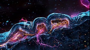 A microscopic image of an excitatory synapse undergoing potentiation with enlarged structures indicating a strengthening of the connection between neurons.