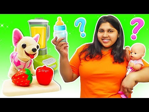 Babysitter cooking toy fruit smoothies & Baby Annabell doll. Baby Born doll & pretend play with food