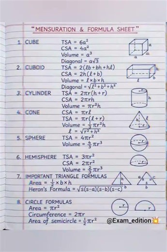 Complete Mensuration Formula Sheet 📐 Save it for quick revision. #maths#neet#jee#viral#cbse