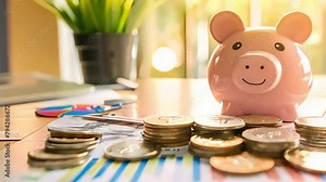 Piggy bank and coins on the table, financial decision making, effective money management, strategic planning, money allocation.