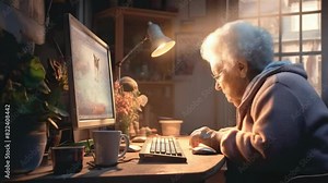 Elderly woman focused on using a computer, showcasing senior technology use and digital literacy. Grandma sits at her desk and stares at the monitor