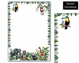 Jungle Watercolour Border Page Frame Clip Art Digital Download A4 & 8.5 X 11 Inch PNG and PDF Vines Macaw Monkey Tiger Panda Giraffe - Etsy