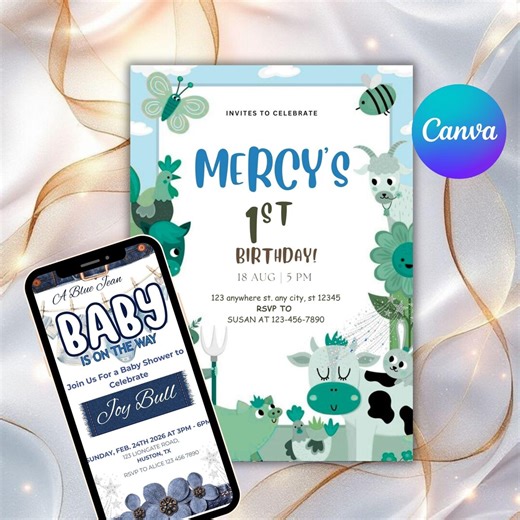 Kids Birthday Invitation Bundle, Editable Farm Animal Party Templates (digital Download) - Etsy