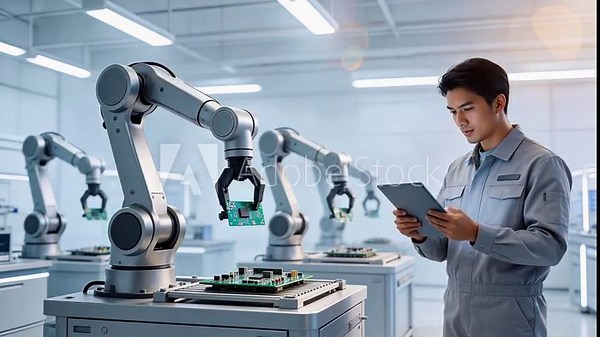 Engineer monitoring automated PCB assembly line with robotic arms in high-tech smart factory – Industry 4.0 and advanced manufacturing concept