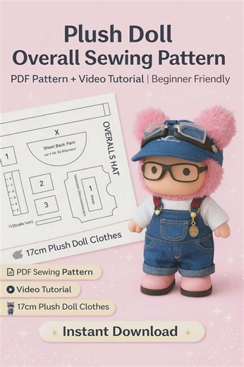 Plush Doll Overall Sewing Pattern | PDF Doll Clothes Pattern With Video Tutorial | 17cm Doll Clothes - Etsy