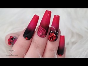 Black and red ombre nails. Gothic nails. Blooming gel rose nail art.