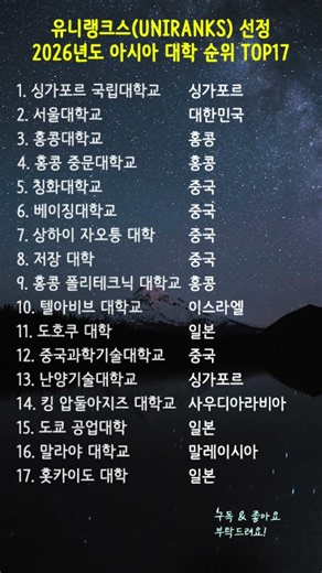 유니랭크스(UNIRANKS) 선정 2026년도 아시아 대학 순위 TOP17 #유니랭크스 #UNIRANKS