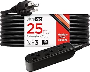 UltraPro 25 Ft Outdoor Extension Cord 3 Outlet Extension Cords Outlet Power Strip Long Extension Cord with Multiple Outlets Grounded Heavy Duty Extension Cord 16 Gauge UL Listed Black 36825