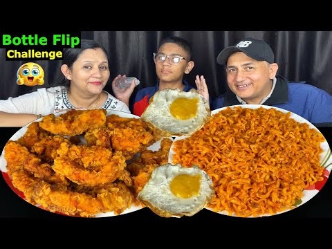 SPICY 🌶️ NOODLES CHICKEN STRIPS EATING CHALLENGE WITH BOTTLE FLIP @BudaBudiVlogs @MeroNepaliKitchen