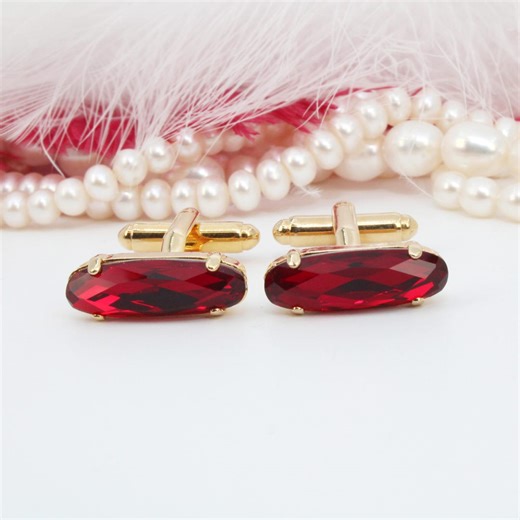 Siam Red Long Oval Cufflinks, Elongated Crystal, Unique Designer Gift for Him or Her, Slim Suit Accessories, Unisex Valentine's GA7 - Etsy