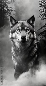 A wolf is shown in a black and white photo with smoke in the background The smoke gives the photo a moody and mysterious feel while the wolfs gaze adds a sense of curiosity and intrigue 4k animation