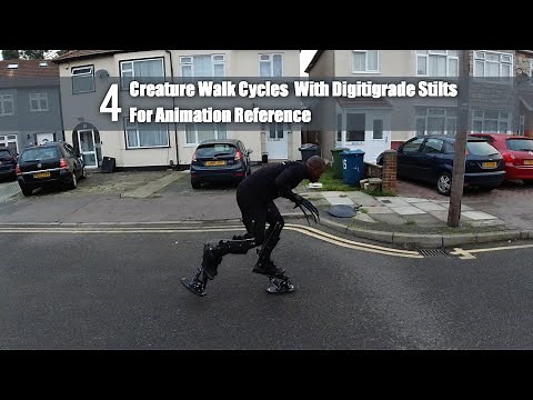 4 Creature Walk Cycles With Modified Digitigrade Stilts For Animation Reference