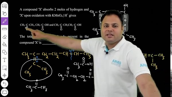 A compound ' X ' absorbs 2 moles of hydrogen and ' X ' upon oxidation with KMnO4∣H+gives andThe tota