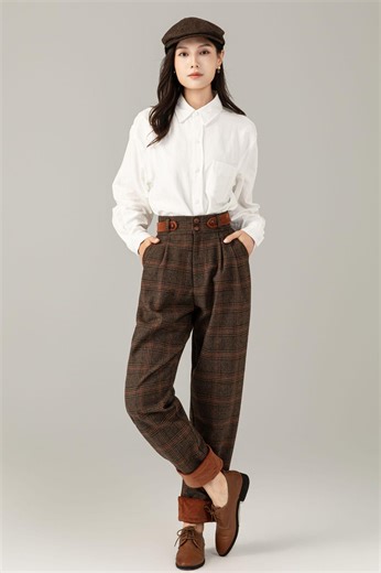Plaid Wool Wide Leg Pants: High Waist Autumn Trousers, Ylistyle C5249 - Etsy