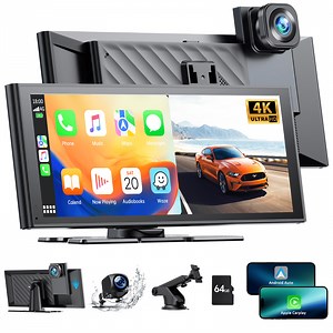 Lamtto Wireless Carplay &Android Auto with 4K Dash cam,10.26 Inch Protable Carplay Screen for Car,1080P Backup Camera, Digital Media Receivers with Voice Control/Bluetooth/G-Sensor/GPS/Mirror Link