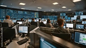 Tech Control Hub: Portrait Backview of Professional IT Technical Support Specialists and Software Programmers Working in a Monitoring Control Room with Digital Screens Displaying Server Data, Blockcha