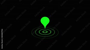 Abstract directional arrow icon and green color location signal icon animation with black background.