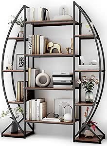 Large Oval Bookshelf, 70“ Tall Open 5 Tier Industrial Bookcases, Modern Etagere Bookcase Furniture, Wall Units for Living Room, Bookshelves Display Shelves for Office