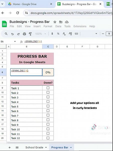 Quick progress Bar using Google Sheets sparkline function . . #progressbar #googlesheetstips #googlesheetstutorial #projectmanagement #sparkline #tasks #learnontiktok #buzdesigns