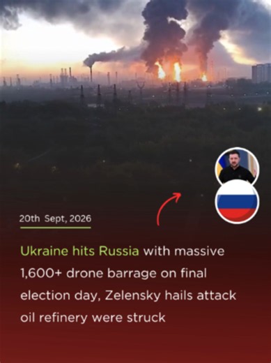 Ukraine launched a massive wave of long-range drone strikes across Russia as the country’s parliamentary elections entered their final day, with Russian officials claiming more than 1,600 drones were intercepted nationwide and around 450 targeted Moscow. 🇺🇦🇷🇺 The attacks reportedly struck a major oil refinery near Moscow, while Russian authorities said at least two people were killed and others injured. Ukrainian President Volodymyr Zelenskyy hailed the strikes, saying key oil and logistics 