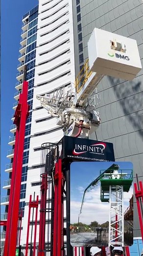 Concrete boom pump on top of tower - Self climbing formwork (Jump form) using in construction site