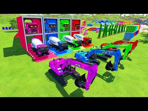 Colorful trucks - ALL COLORFUL JCB EXCAVATOR, ELKON MIXER TRUCK TRANSPORTING AND PARKING TO GARAGE
