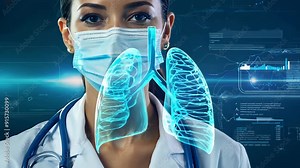 Female Doctor Examining Digital Lung Model with Futuristic Interface