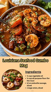 Louisiana Seafood Gumbo Magic 📝 Ingredients (Serves 6) ½ cup vegetable oil ½ cup all-purpose flour (for the roux) 12 oz andouille sausage, sliced 1 large onion, diced 1 green bell pepper, diced 3 celery stalks, diced 4 garlic cloves, minced 2 cups okra, sliced (fresh or frozen) 6 cups seafood or chicken stock, warmed 1 lb large shrimp, peeled & deveined ½ lb lump crab meat (pick through for shells) 2 bay leaves 2 tbsp Cajun seasoning (plus more to taste) 1 tsp smoked paprika 1 tsp dried thyme ½