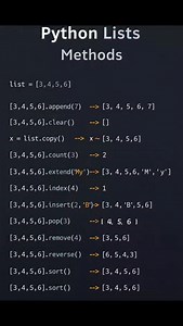Python List Methods Explained | Quick & Easy Guide 🐍💻 Master the most commonly used Python list methods in just a few seconds! 🚀 This short video breaks down essential list operations like adding, removing, sorting, and modifying elements—perfect for beginners and quick revision. ✨ What you’ll learn: ➕ append() – Add elements 🧹 clear() – Remove all items 📋 copy() – Duplicate lists safely 🔢 count() – Count occurrences ➕ extend() – Merge iterables 🔍 index() – Find positions 🧩 insert() – Ad